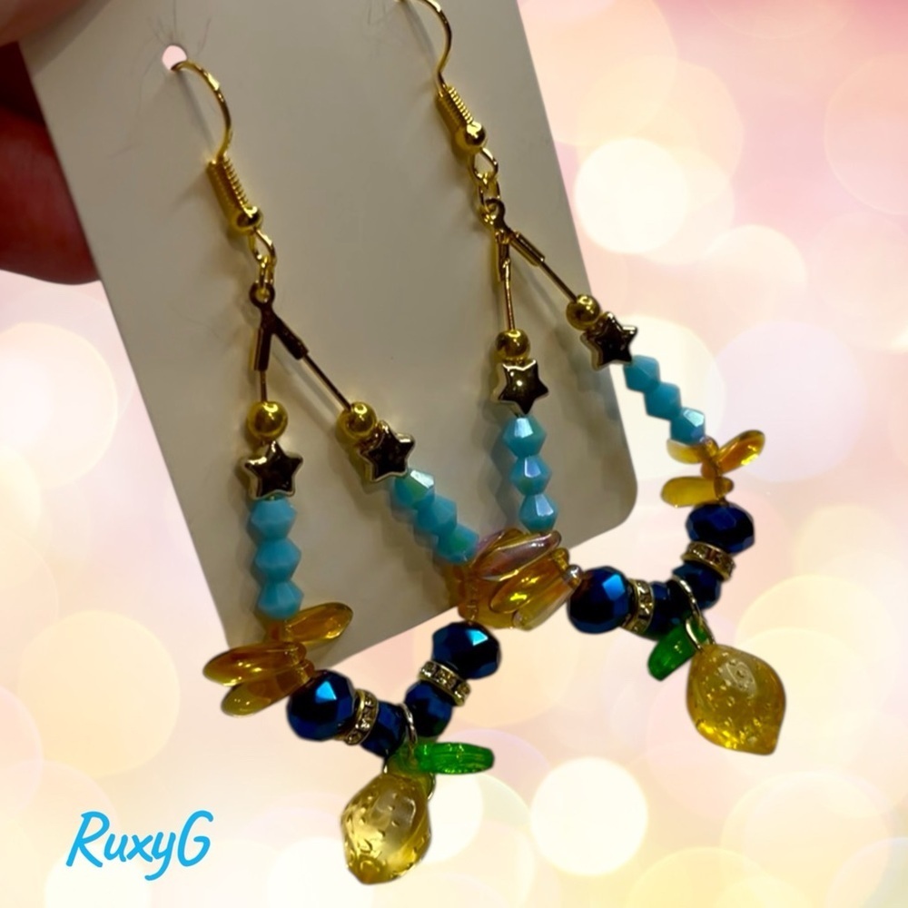 Gold and Blue Beaded Lemon 🍋 Earrings